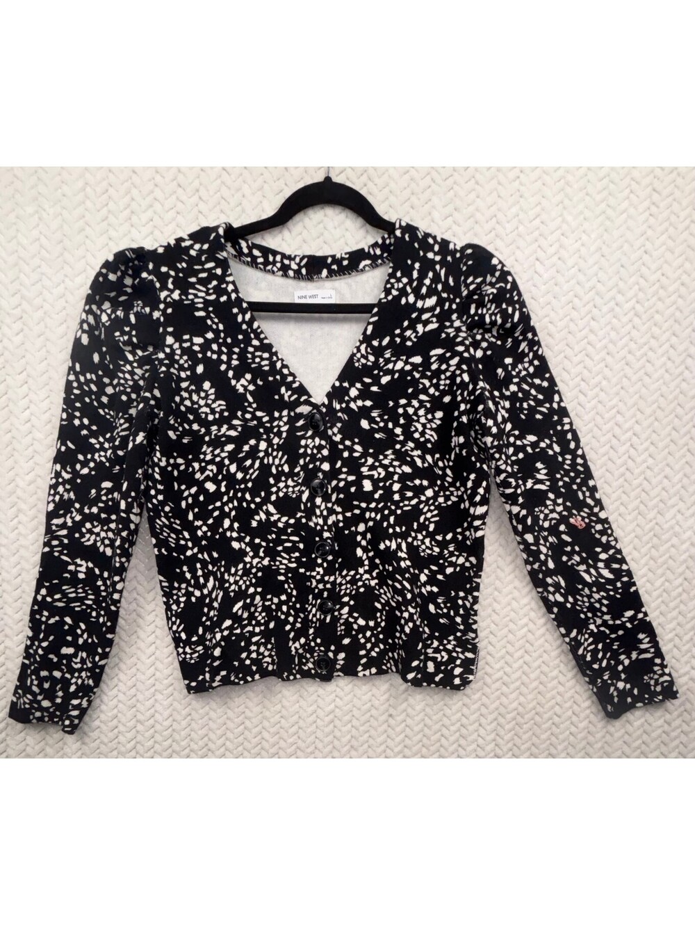 Nine West Black and White Patterned Cotton Cardigan Sweater Large